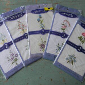 NEW Axxents WM'S Handkerchiefs 100% Cotton Embroidered Flowers VINTAGE LOT OF 5